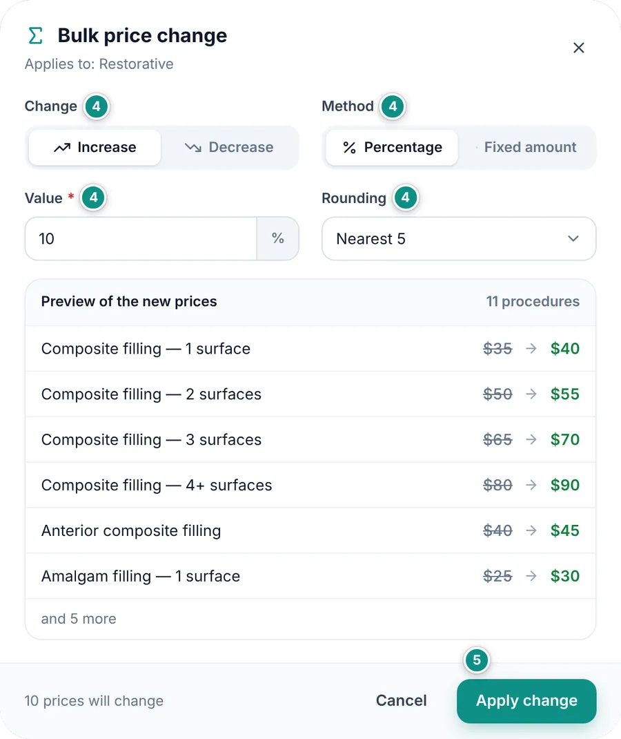 The Bulk price change window: a 10% increase rounded to the nearest 5, with a preview of the new prices