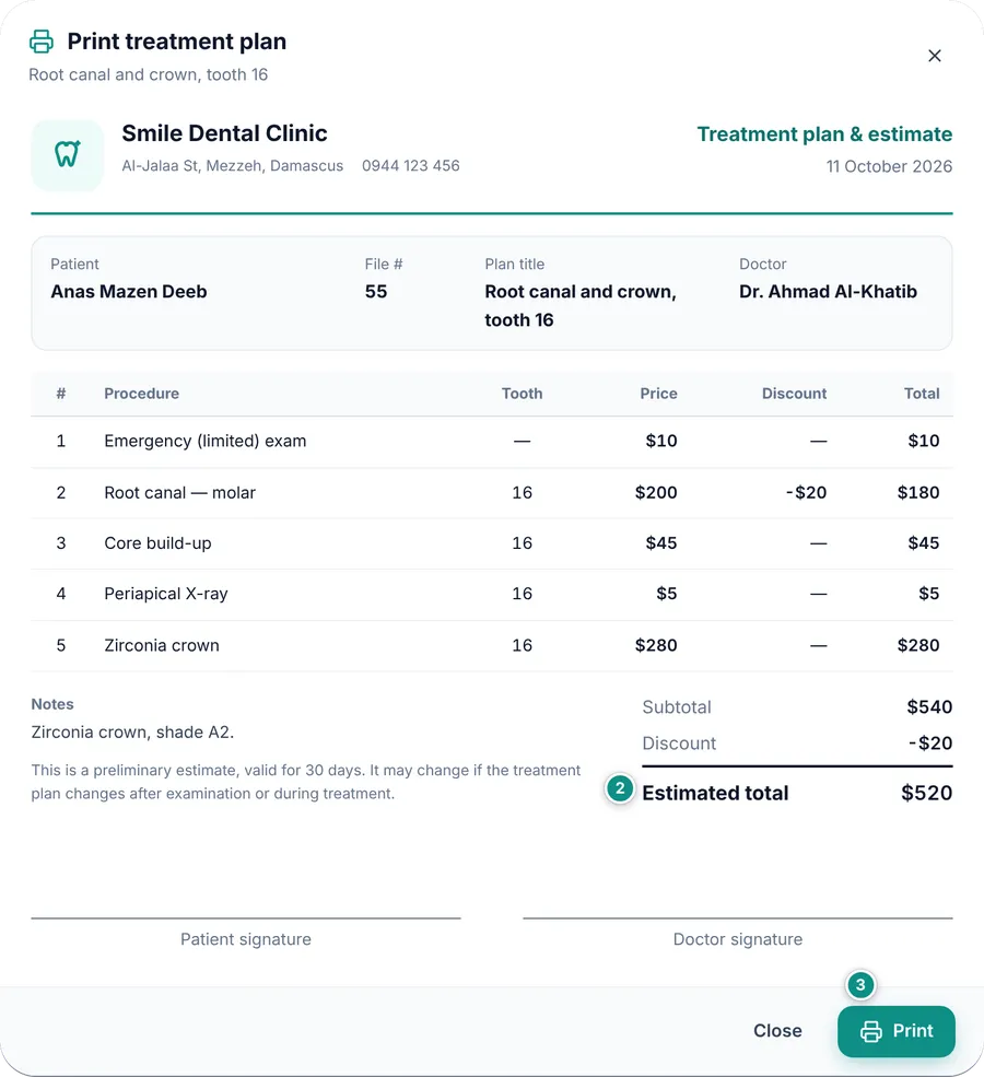 A plan’s cost estimate before printing: procedures, prices, discount, estimated total and signature lines