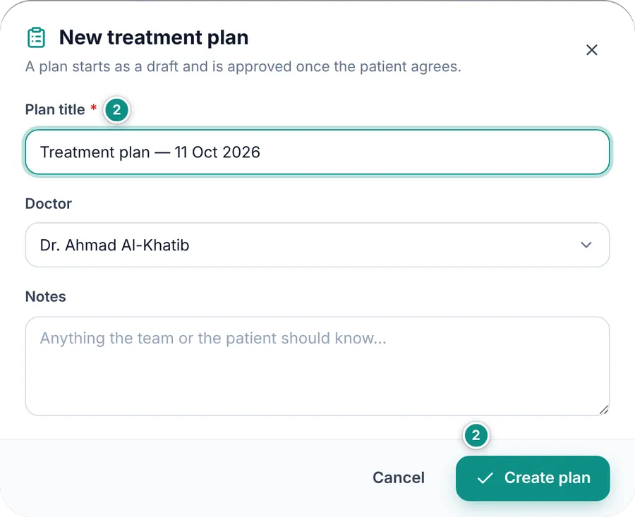 The New treatment plan window: the suggested plan title, the doctor and the notes