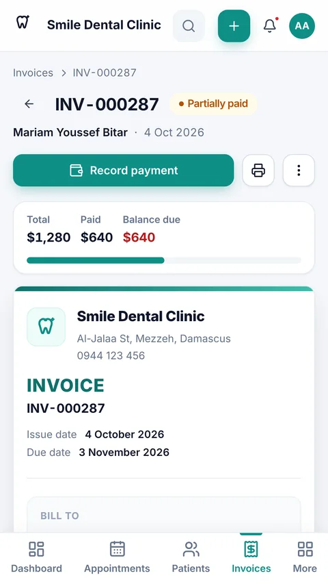 An invoice in Dentora on a phone, with the amount paid and the balance due