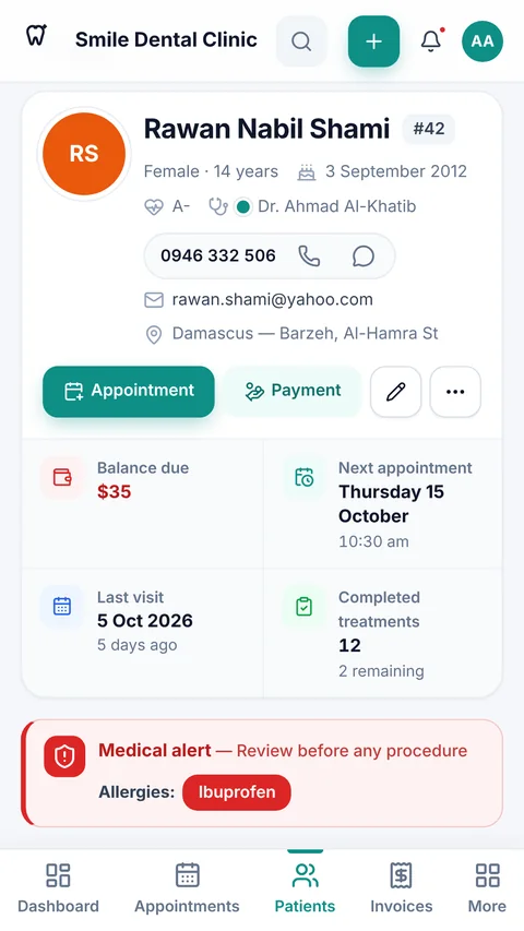 A patient file in Dentora on a phone, with an allergy alert