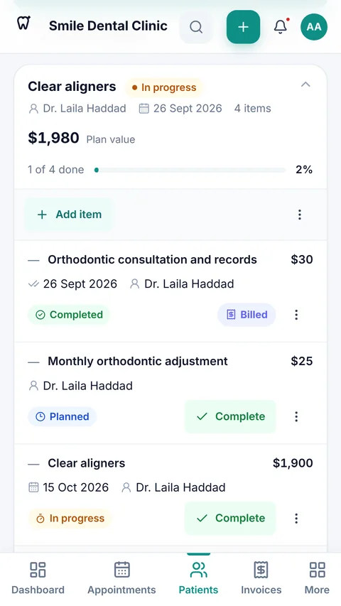 A treatment plan in Dentora on a phone, with each procedure's status and price